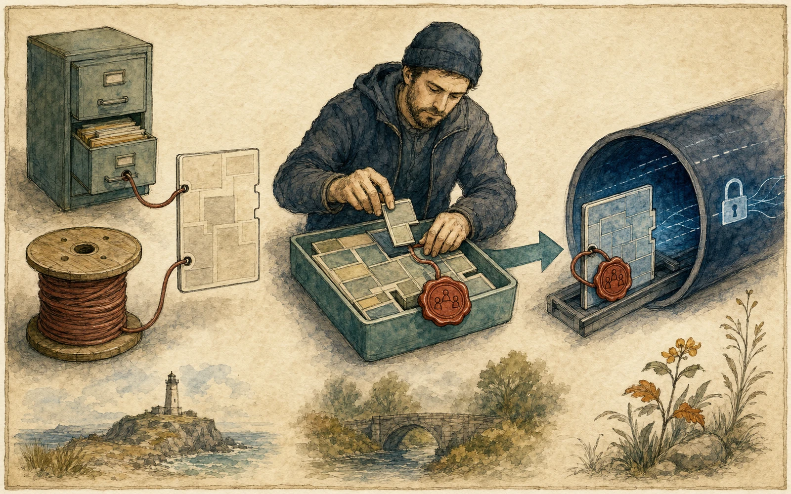 A warm hand-drawn investigation bench where an engineer arranges packets into a uniform envelope before sending it into an encryption tunnel.