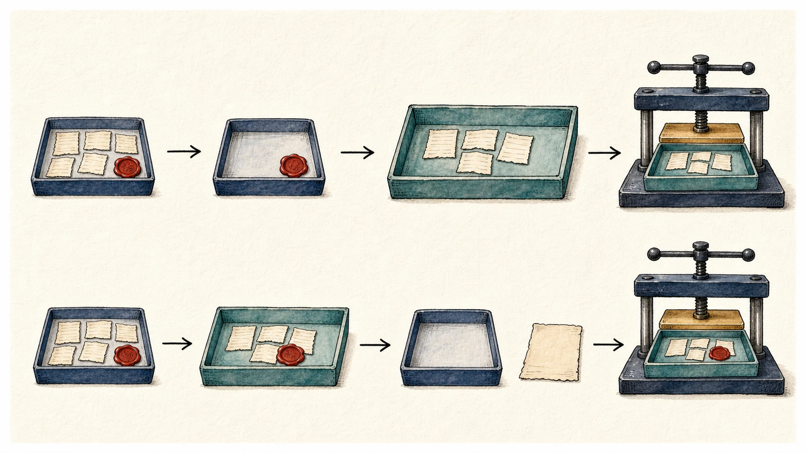 Two hand-drawn paths compare a fragment transfer that leaves the shared seal on the source with the fixed transfer that carries the seal to the destination.