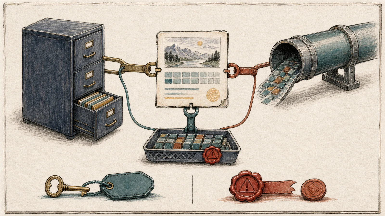 One page is held at the same time by a file cabinet, a pipe, and a network fragment tray, while a red seal warns that the network view remains shared.