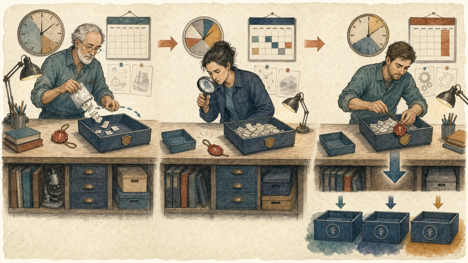 Three hand-drawn scenes show an optimization leaving a seal behind, an investigator finding it, and a repairer attaching the seal before emptying the source and distributing the fix.