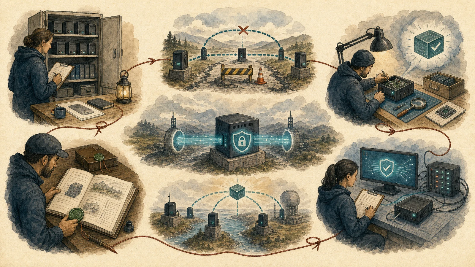 A hand-drawn response loop connects inventory, temporary routing, a repaired kernel, controlled validation, staged gateway rollout, and evidence archiving.