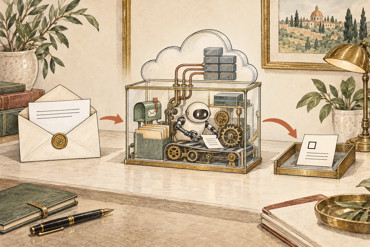 Warm-paper conceptual illustration of an email entering an active cloud computer, with an approval notice placed after execution has already started.