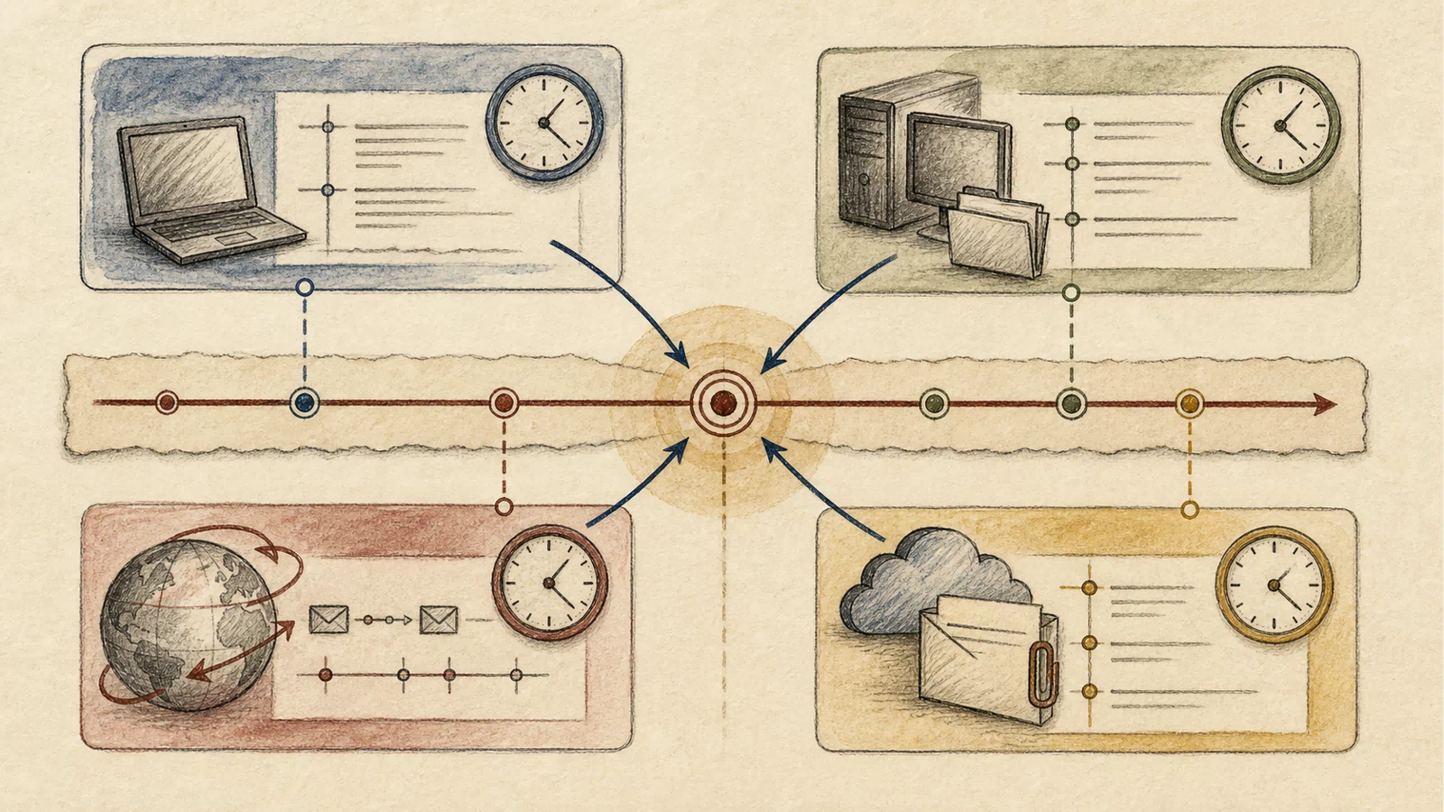 An investigation desk connects source content, tool invocation, host file activity, outbound request, remote attachment, and access records around a shared clock and request object.