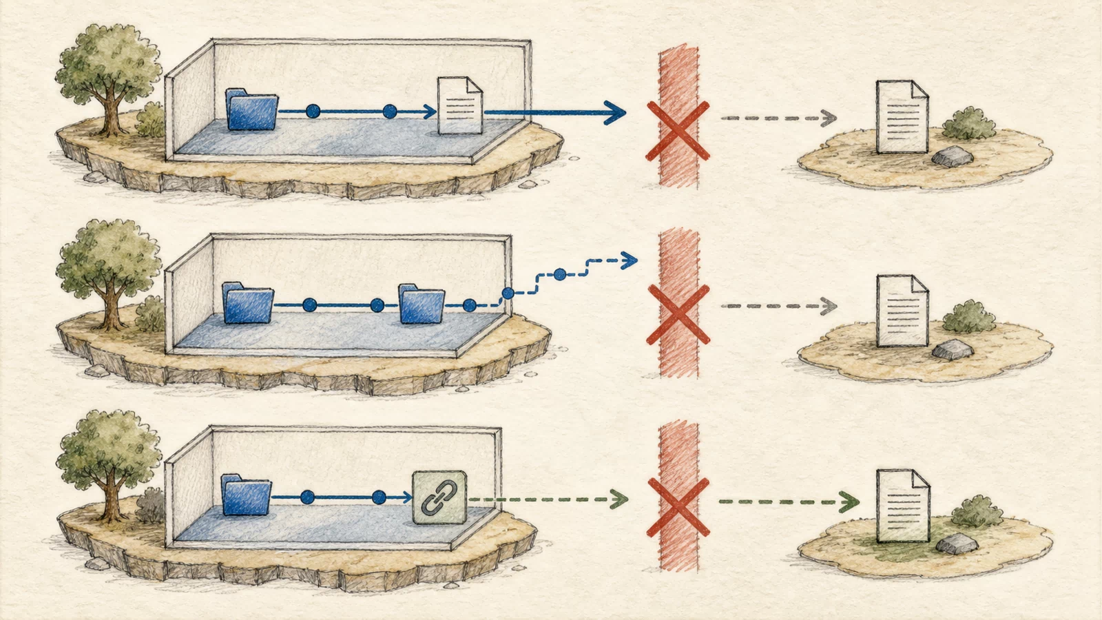 Three hand-drawn escape routes show an absolute external path, parent traversal, and a symbolic link to an external target; all three are blocked at the approved-root boundary before any handle is created.