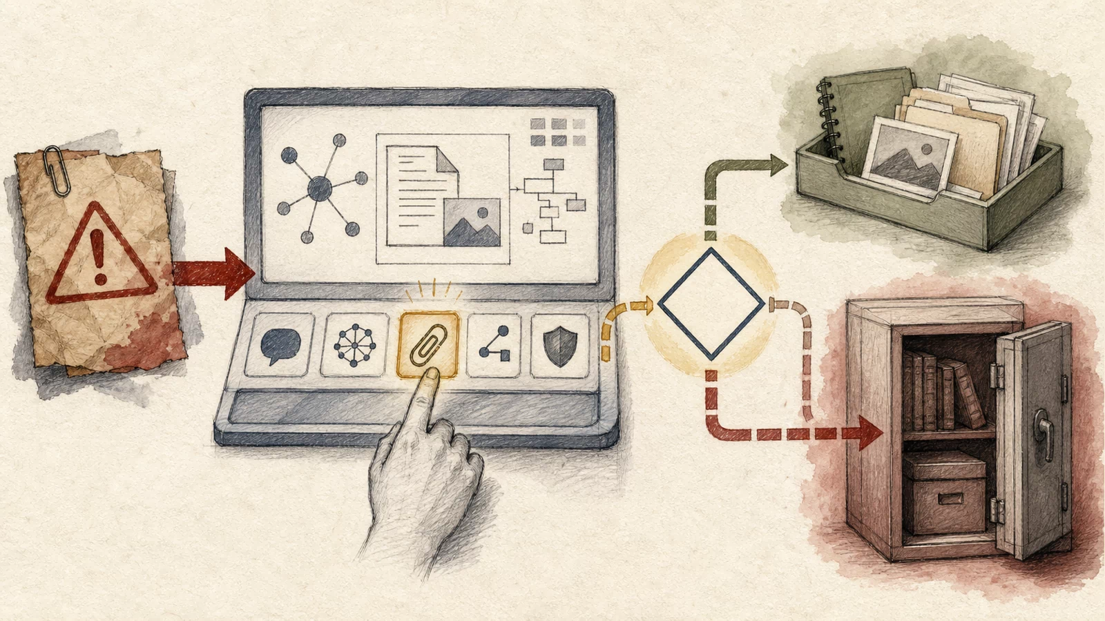 An editorial desk connects a caller, an attachment argument card, a workspace file, integration credentials, and a remote page, showing one operation drawing on two distinct authorities.