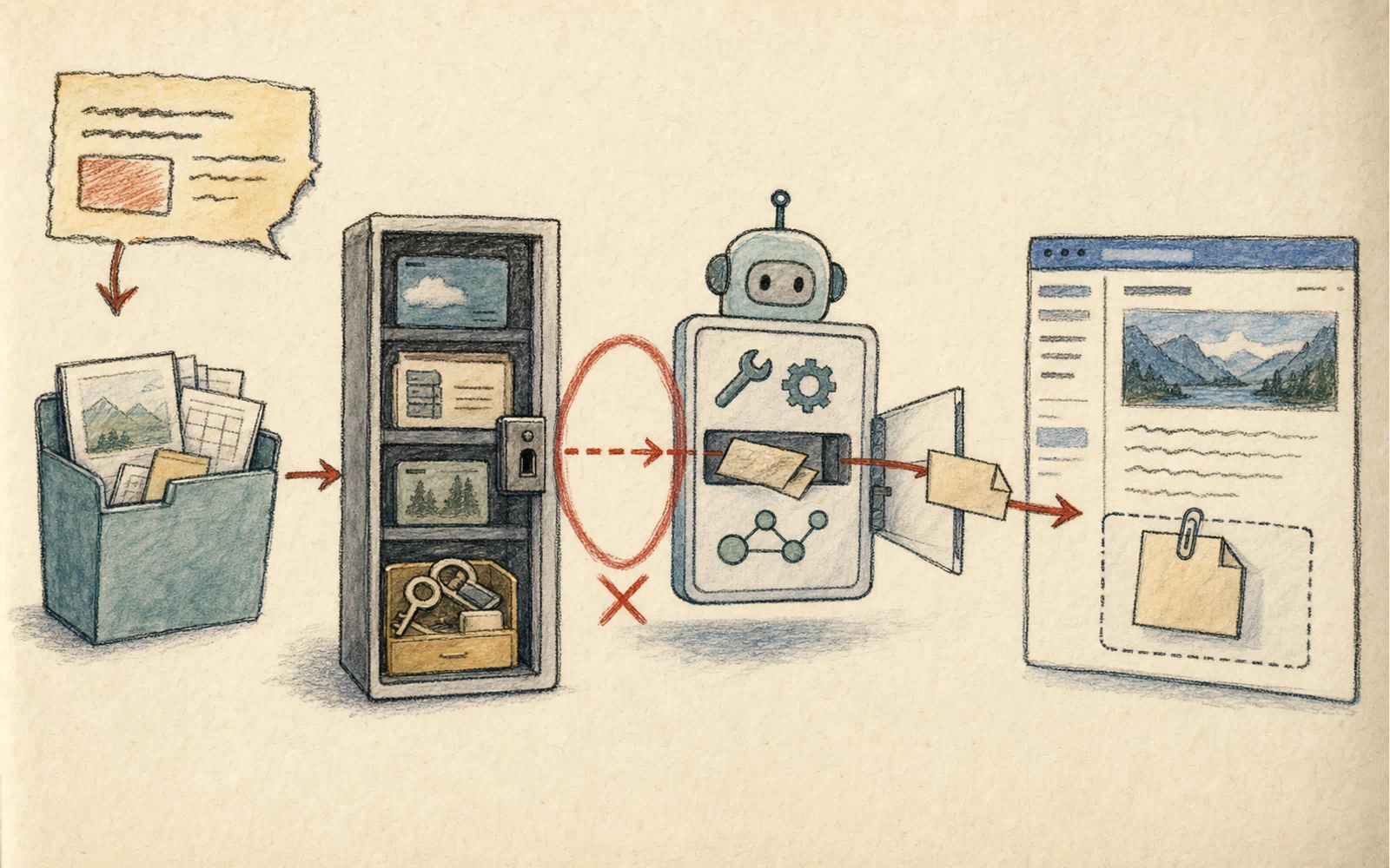 An editorial investigation scene follows one attachment request across a workspace fence, into a host file drawer, and onward to a remote collaboration page, joining local read authority with remote write authority.