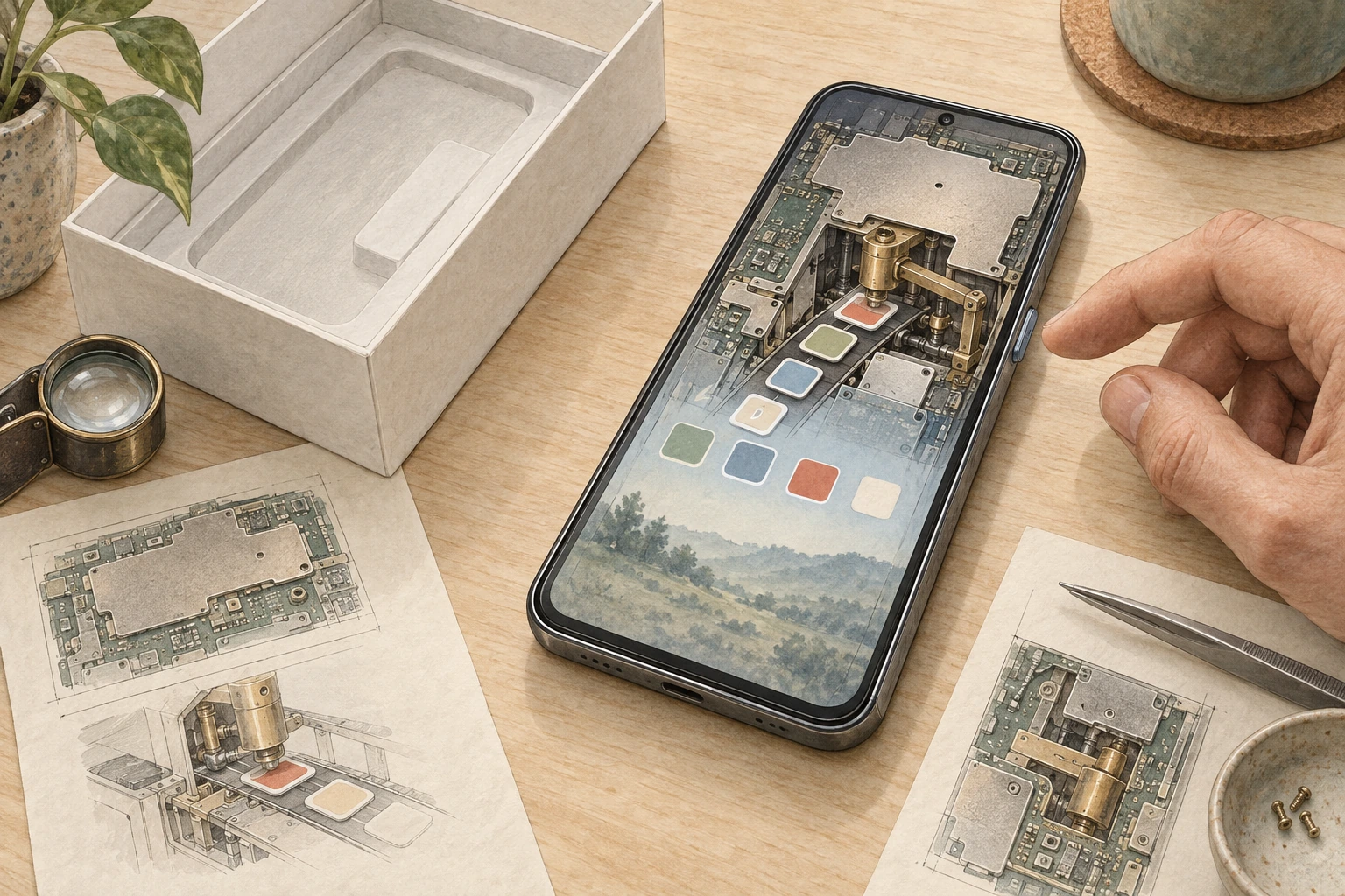 Warm-paper conceptual illustration of an installer hidden inside a newly unpacked phone, adding apps before its owner begins using it.