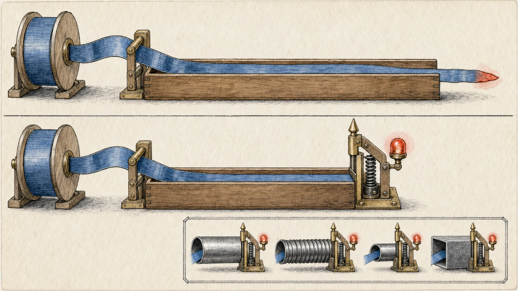 A warm hand-drawn before-and-after mechanism shows the old copy ribbon running beyond a wooden tray and the fixed copy stopping at a spring end guard, while several downstream pipelines carry the same bounded-copy contract.