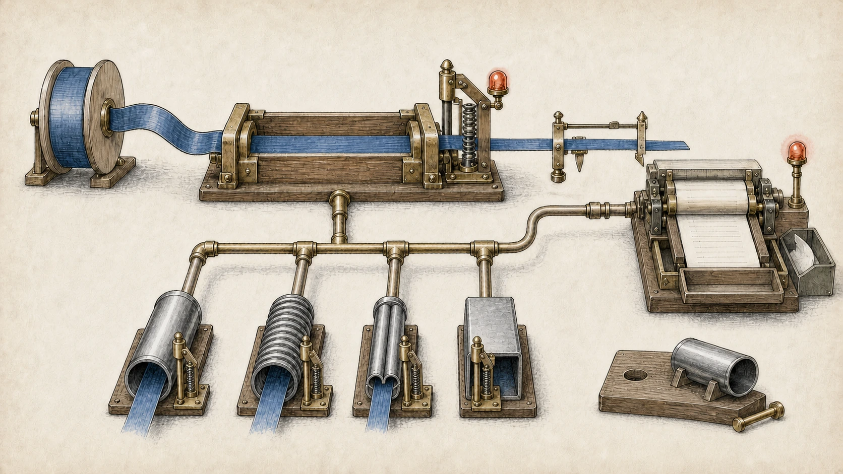 A warm hand-drawn patch-propagation diagram connects a core end stop and actual-length caliper to a guarded log-format-operation press that discards an oversized record, four conduit families representing protocol shapes rather than eight individual modules, and a disconnected custom runner whose loose end pin still needs to be attached.