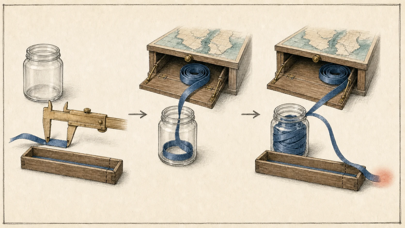 A three-stage hand-drawn sequence starts with calipers measuring a short capture, lets a lazy map drawer load a longer ribbon into the request capture jar, and ends with capture, separator, and map segments extending beyond the tray built from the old length.