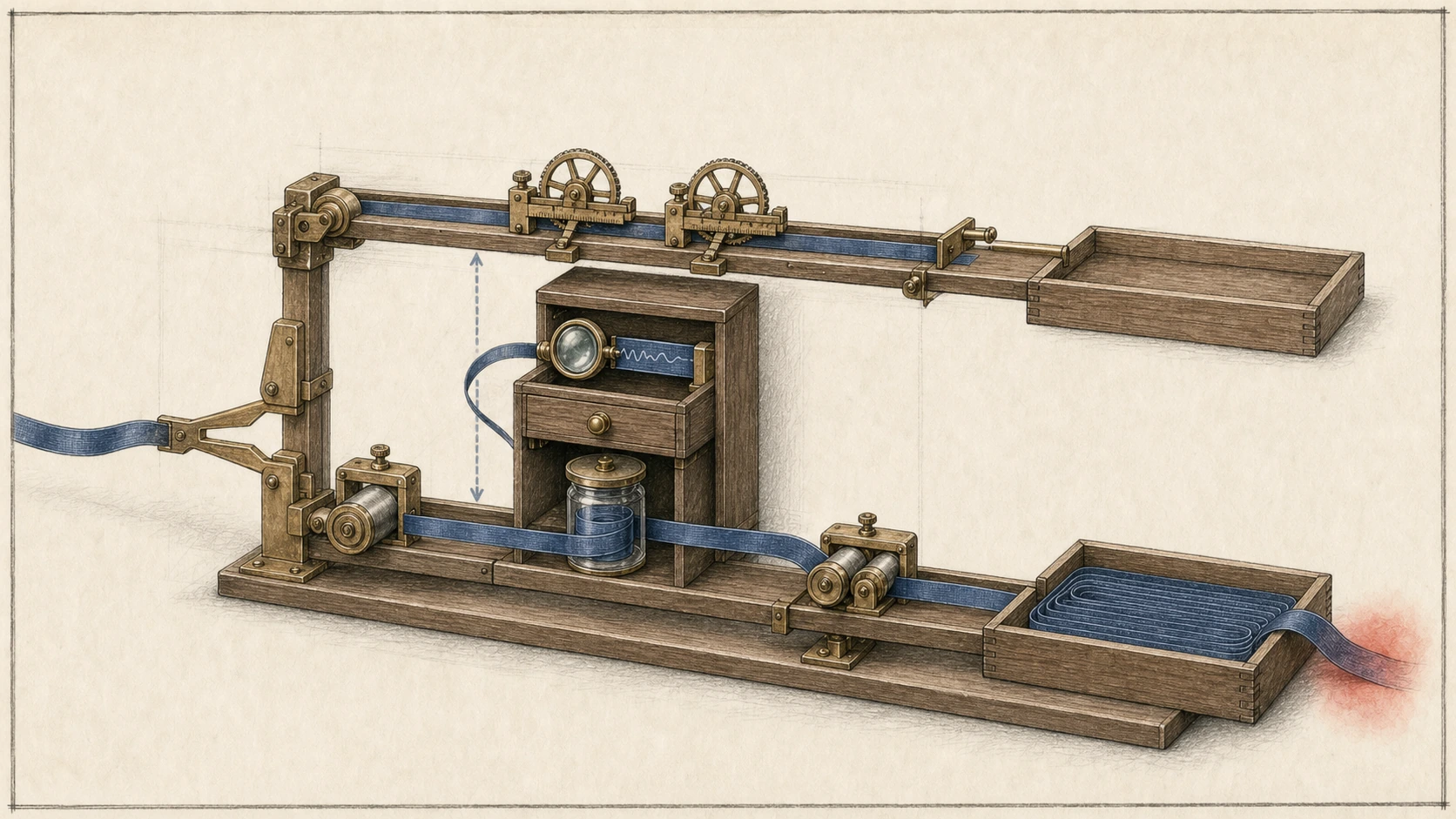 A warm hand-drawn instruction diagram shows a configuration expression compiled into parallel length and value rails, the length rail allocating an exact tray, and mutable request state feeding a later copy that crosses the old tray boundary.