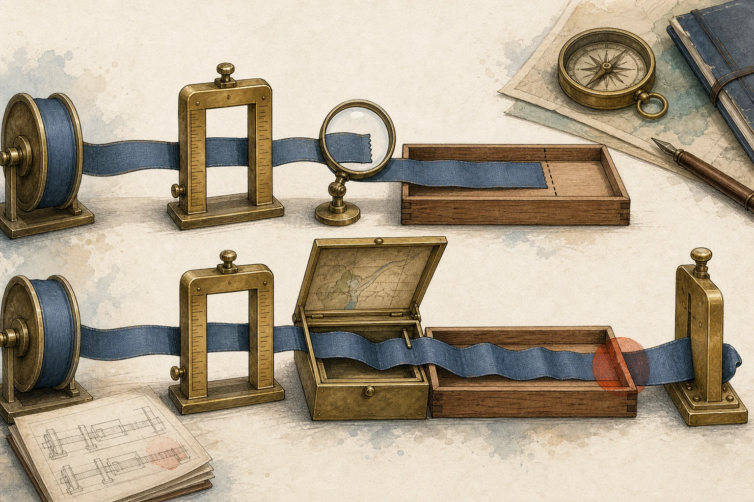 A warm hand-drawn comparison shows NGINX measuring a blue string into a wooden tray, then a later copy stretching beyond that tray after map state changes; a red mark identifies the crossed boundary.