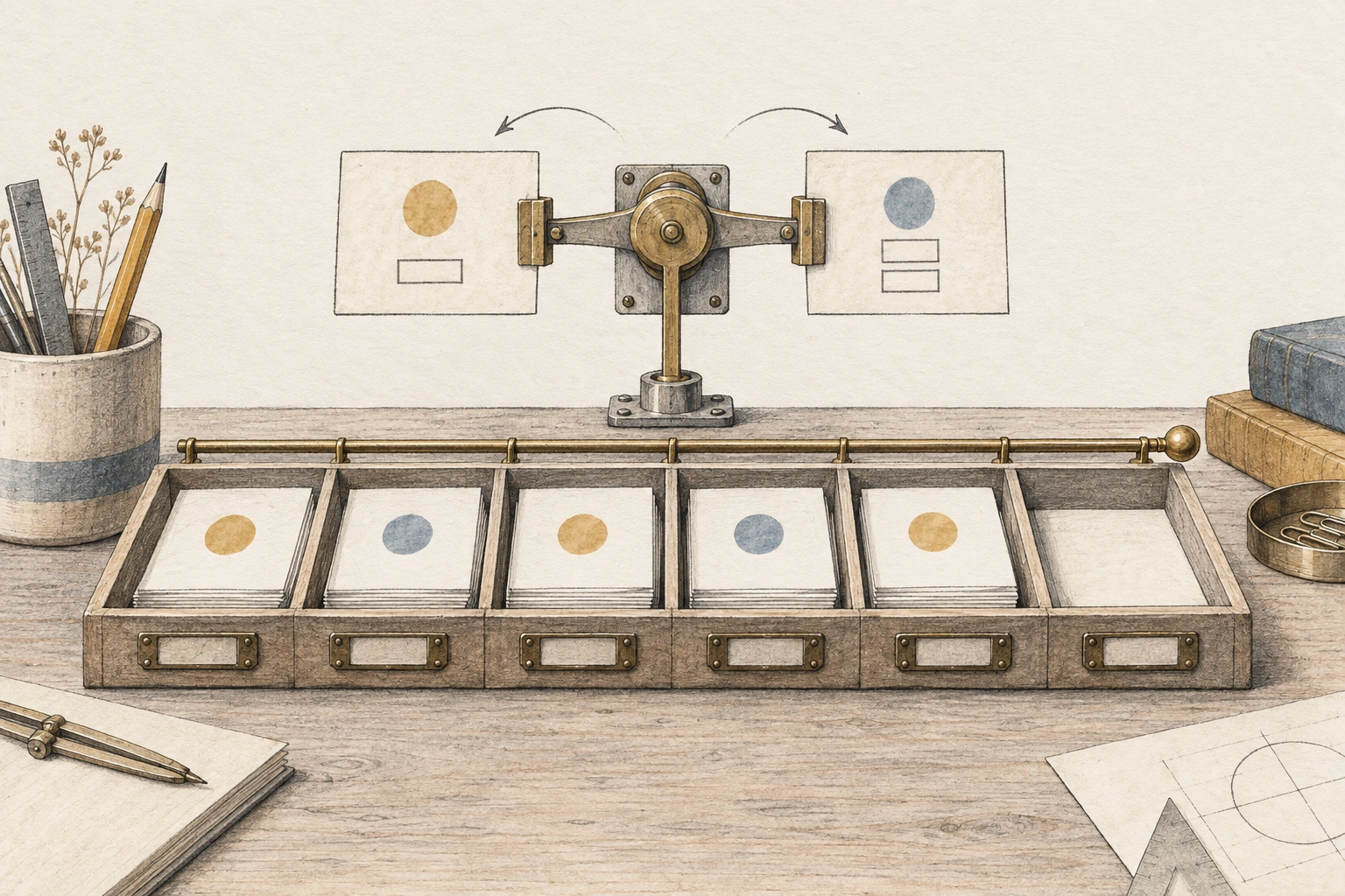 A hand-drawn desk on warm paper, with two rotating configuration cards above a divided card drawer, introducing a change of state during a handshake.