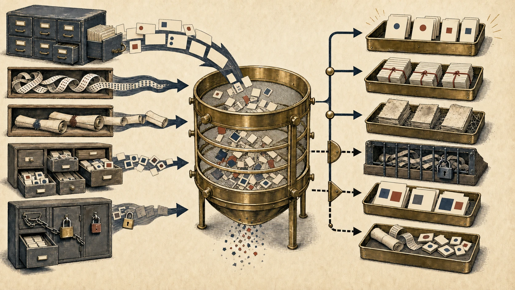 Five groups of black-and-gold archive drawers send public intelligence records into a sieve, which separates exact IP, network range, mixed indicators, authentication-required, dead endpoint, and excluded outputs