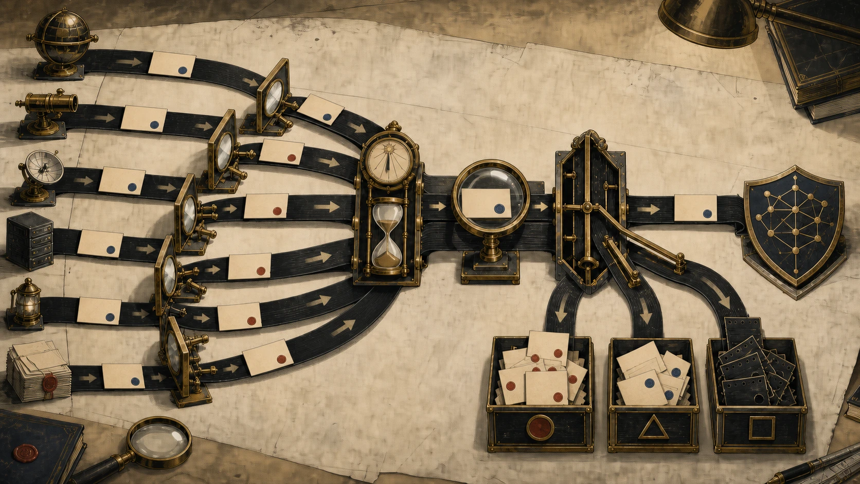 On a black-and-gold warm-paper investigation desk, many observation streams pass through mirrors, clocks, a magnifier, and a policy gate before reaching a blocking shield, an observation queue, or quarantine