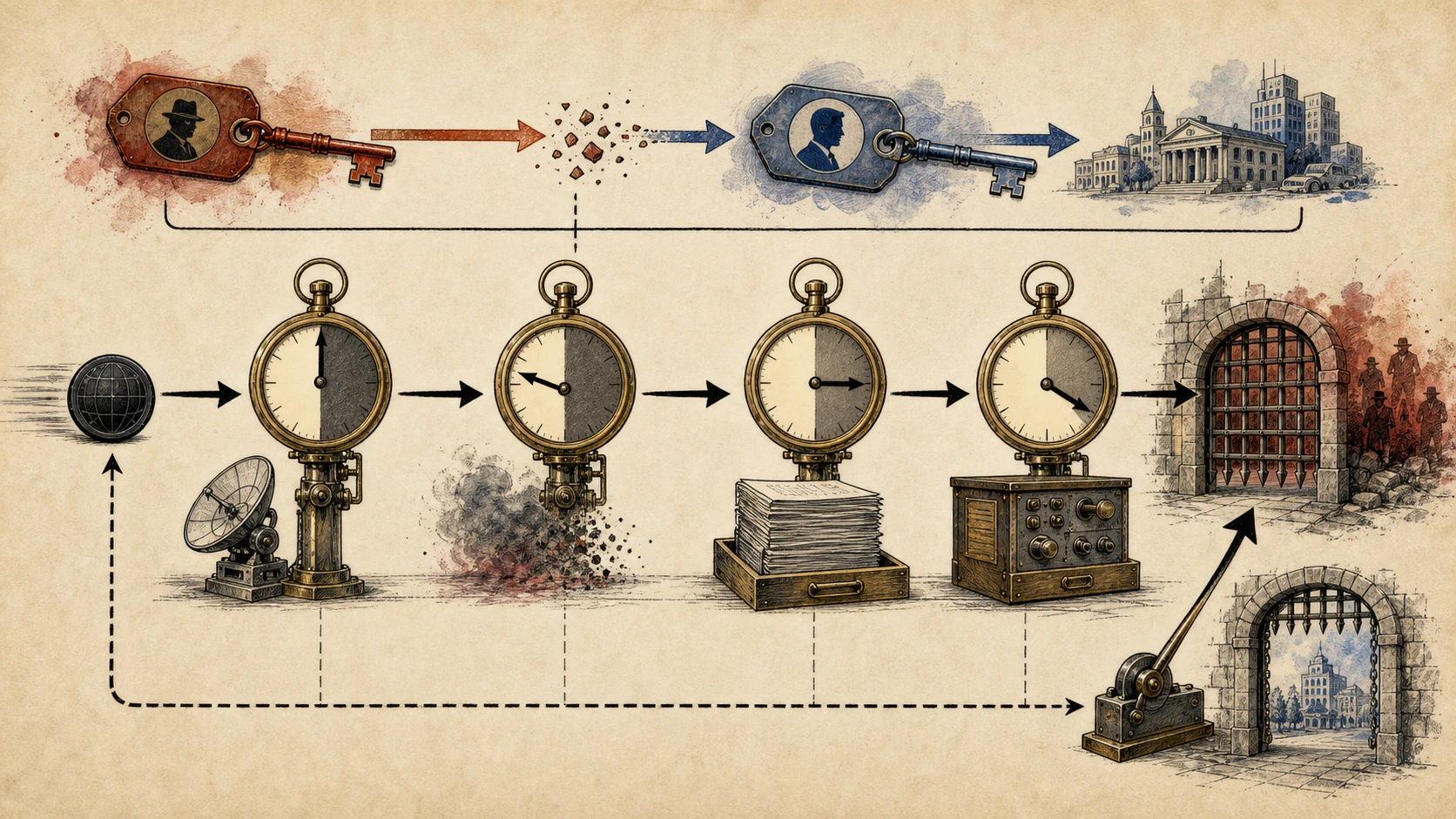 Four black-and-gold clocks represent sensor observation, last seen, list publication, and local activation, while an address card is reassigned to a different host at the end of the chain