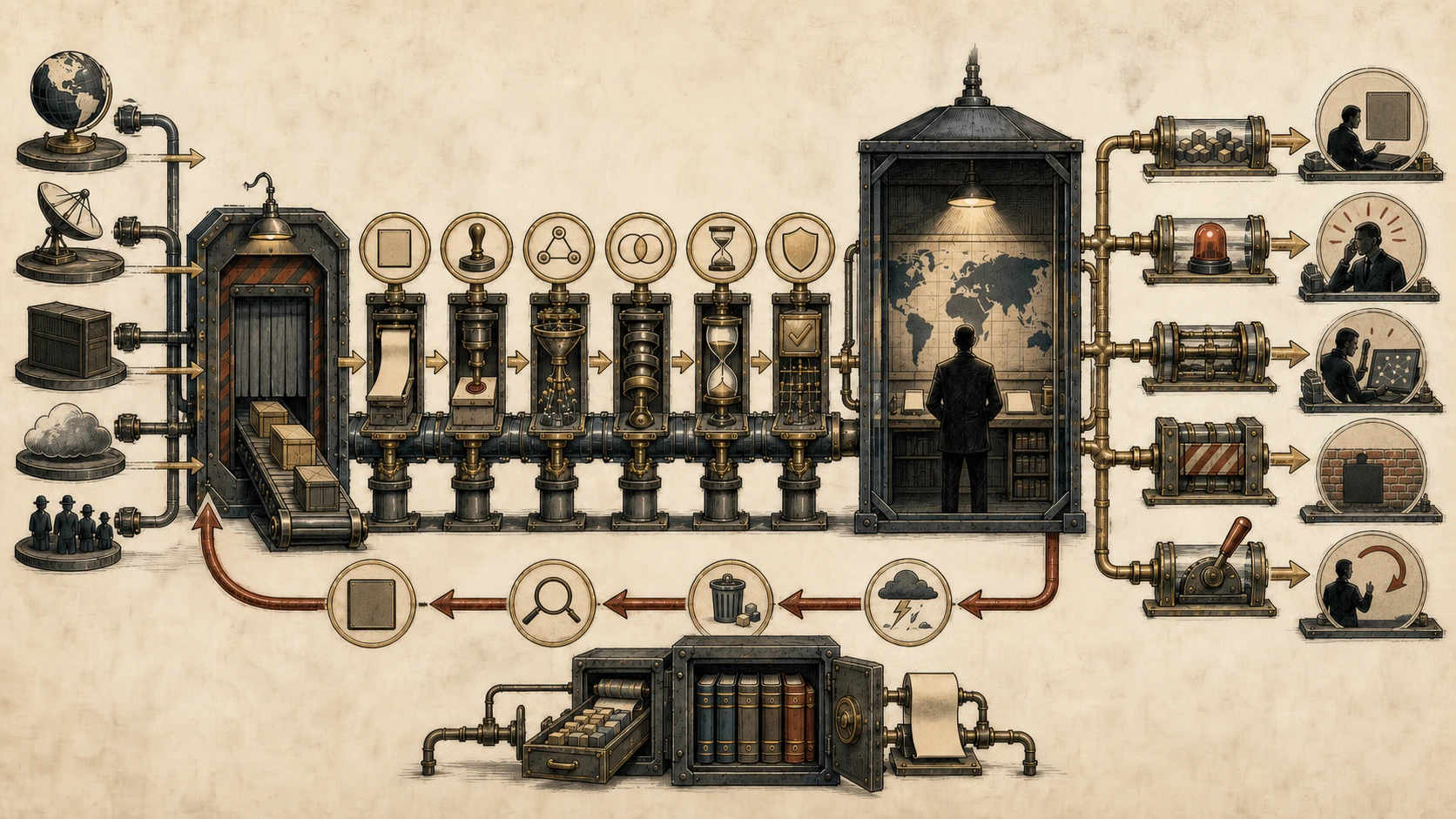 A black-and-gold production line moves public lists through quarantined download, schema validation, lineage consolidation, four clocks, context collisions, and shadow mode before five action tiers, with evidence retention and rollback alongside