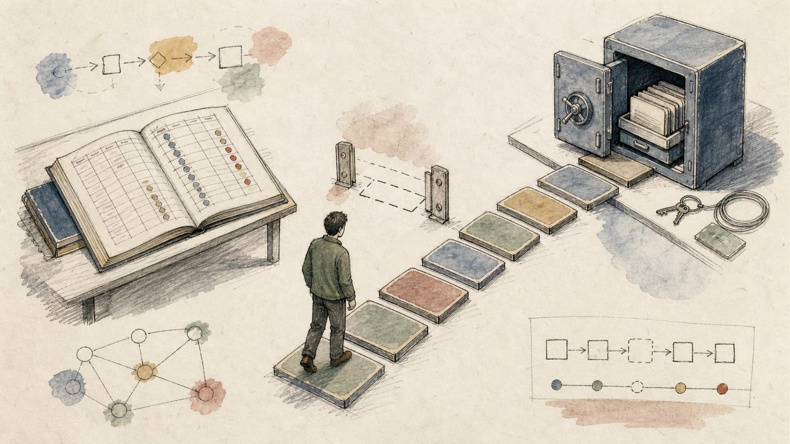 A hand-drawn workshop showing a requested tool record passing directly into module loading in the old path and stopping at a user-and-grant checkpoint in the fixed path.