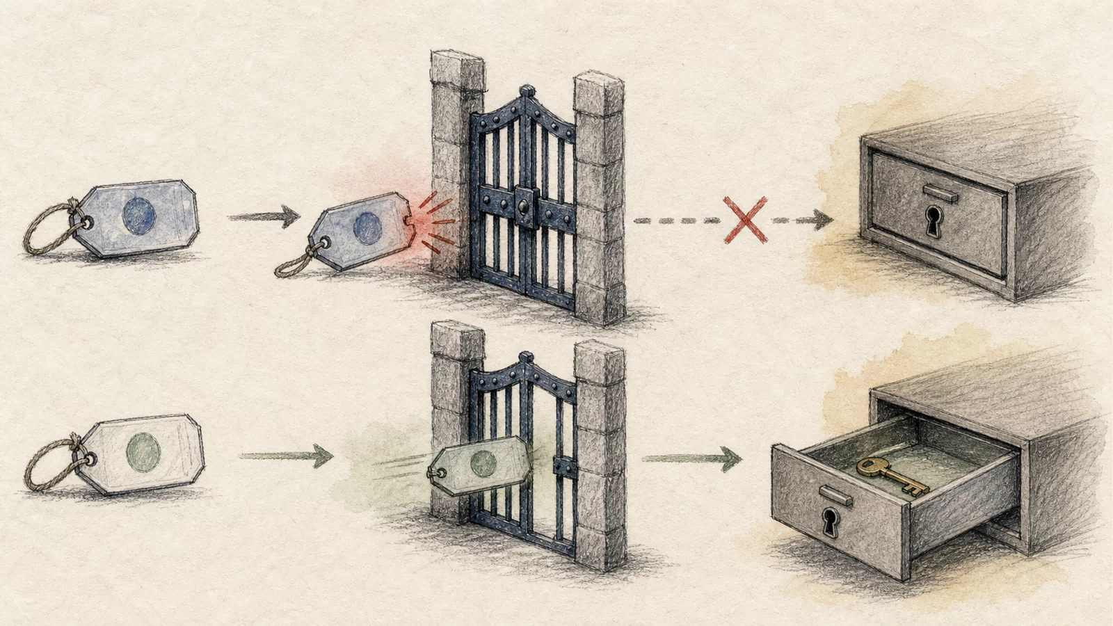 A hand-drawn repaired sequence ordering authenticated identity, per-resource decision, authorized subset, schema exposure, model choice, execution, and result controls.