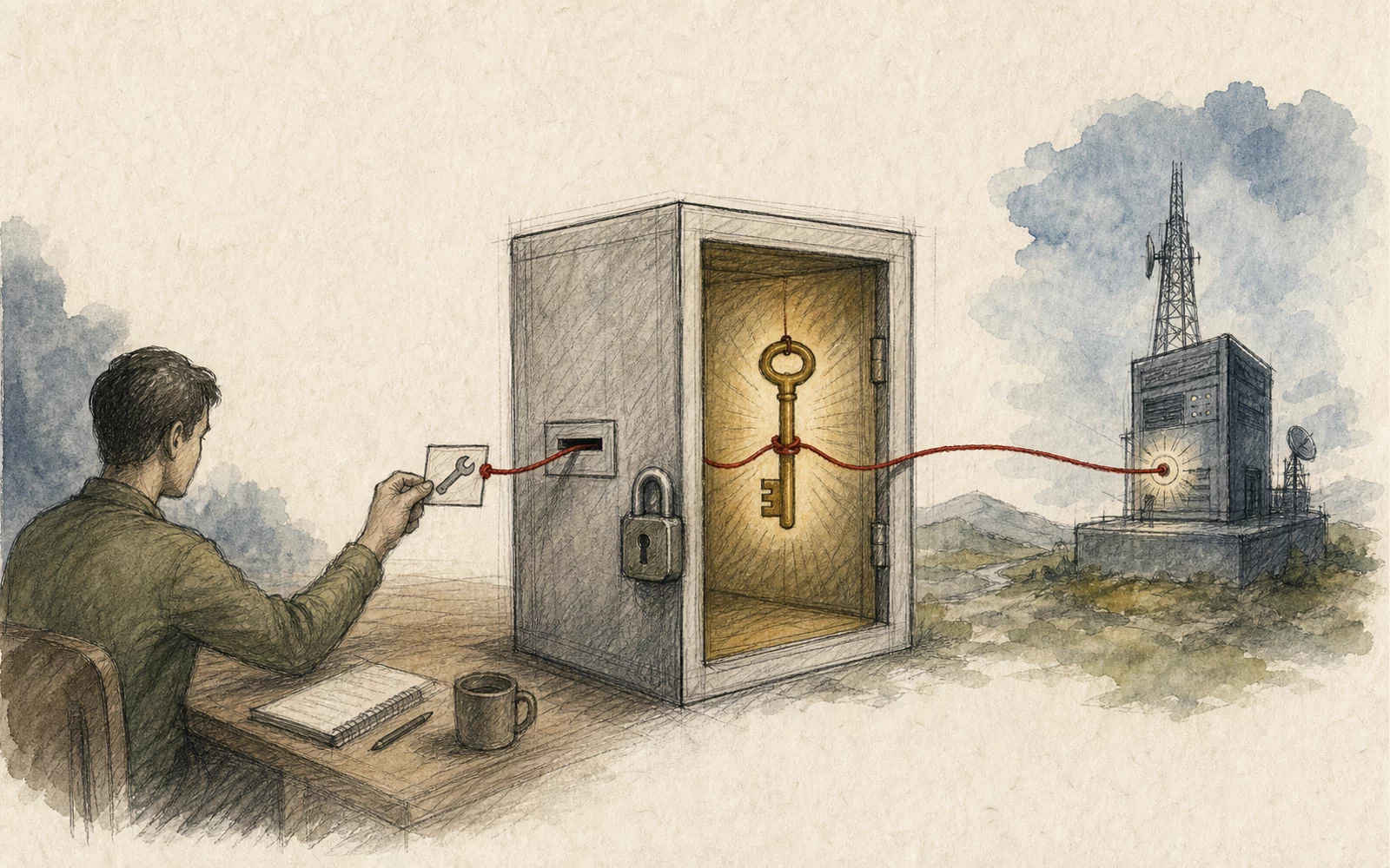 A hand-drawn chat desk where a typed tool identifier slips behind a private cabinet before a guard checks the requesting account.