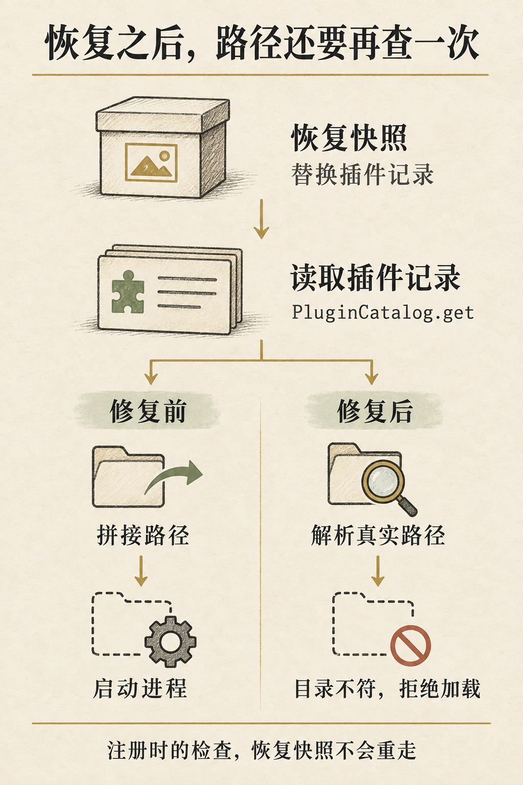 快照替换插件记录，加载时读取记录。修复前拼路径后进入启动流程；修复后解析真实路径，目录不符就拒绝加载。