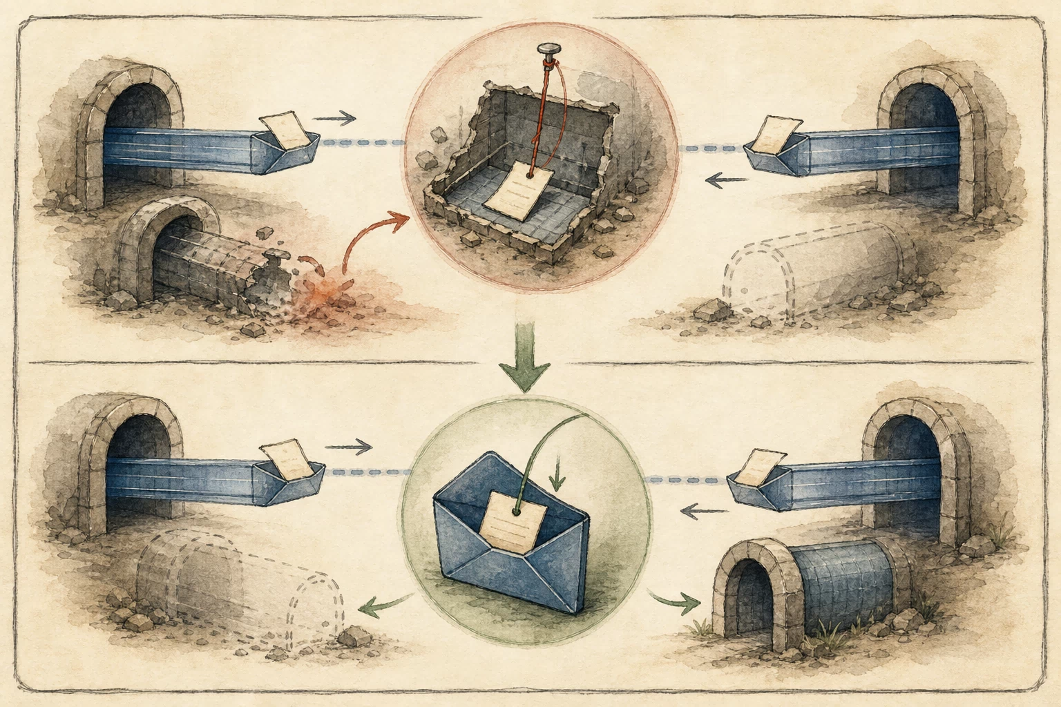 A warm hand-drawn before-and-after view of OpenVPN session promotion: above, two tunnels leave an ACK envelope tied to a collapsing borrowed holder; below, the repaired transition clears the borrowed path before the retired tunnel disappears.