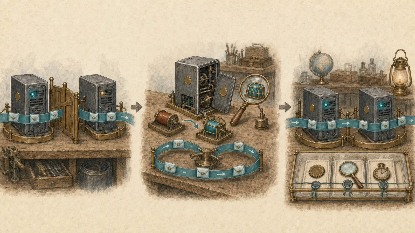 A warm-paper gateway rollout: one node drains behind a gate while its peer carries the teal traffic ribbon, the opened chassis receives a teal buffer spool and a looped validation run, and two healthy nodes rejoin the ribbon beside a sealed evidence tray.