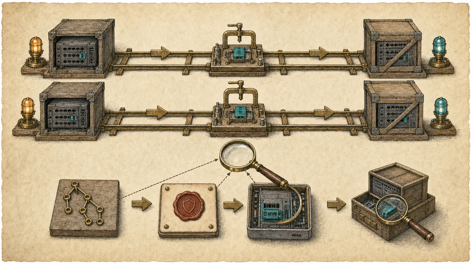 A warm-paper evidence bench with two release rails: each old build passes through its own branch repair press and reaches a new build with a teal status lamp, while a source tree, patch seal, running chassis, and vendor backport crate form one magnified verification chain below.