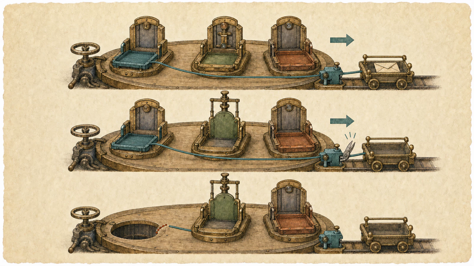 A three-row warm-paper sequence: one scheduler pass first lends a dedicated ACK from the active session to the outer send cart, then advances the candidate through its promotion gate, and finally cuts the loan and empties the cart before the old session dock drops into destruction.