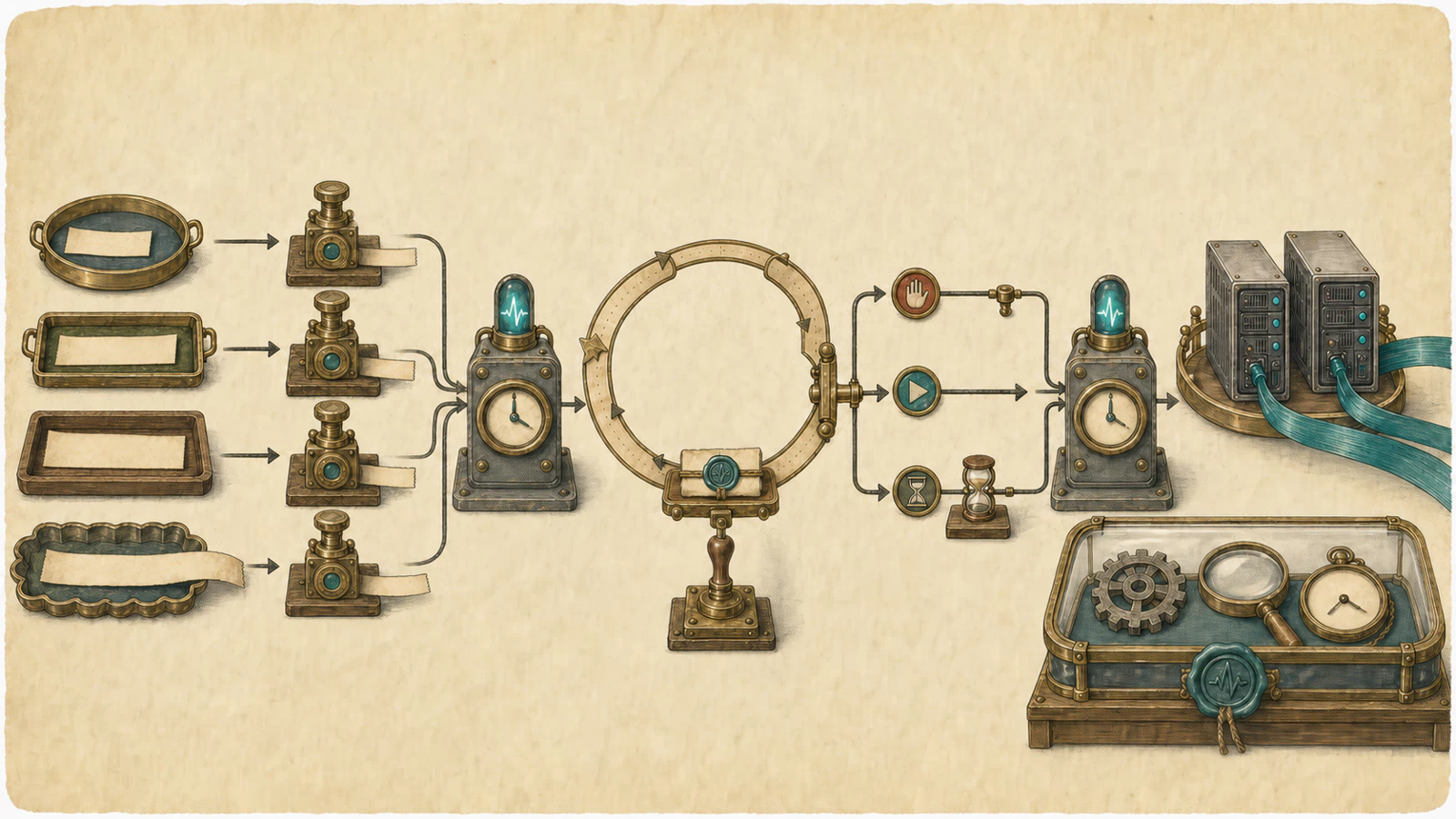A warm-paper production regression bench: four blank structural samples pass individual gauges on the left, a steady process clock and heartbeat guard the center, one teal-sealed token completes a renegotiation loop, stop, continue, and delayed backend branches converge on the right, and a healthy two-node cluster plus evidence case close the run.