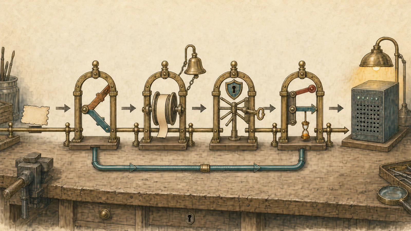 A warm-paper sequence of four reachability gates: one blank credential passes a version fork, external-auth configuration, client admission, and the backend's immediate result on its way to the gateway; a continuous teal bypass below shows the published path ending before the vulnerable route whenever a prerequisite is absent.