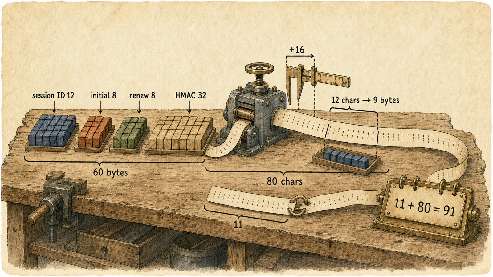 Exact OpenVPN authentication-token layout: a twelve-byte session ID, two eight-byte timestamps and a thirty-two-byte SHA-256 HMAC form a sixty-byte payload, encoded as eighty Base64 characters and prefixed by eleven characters for a total of ninety-one.
