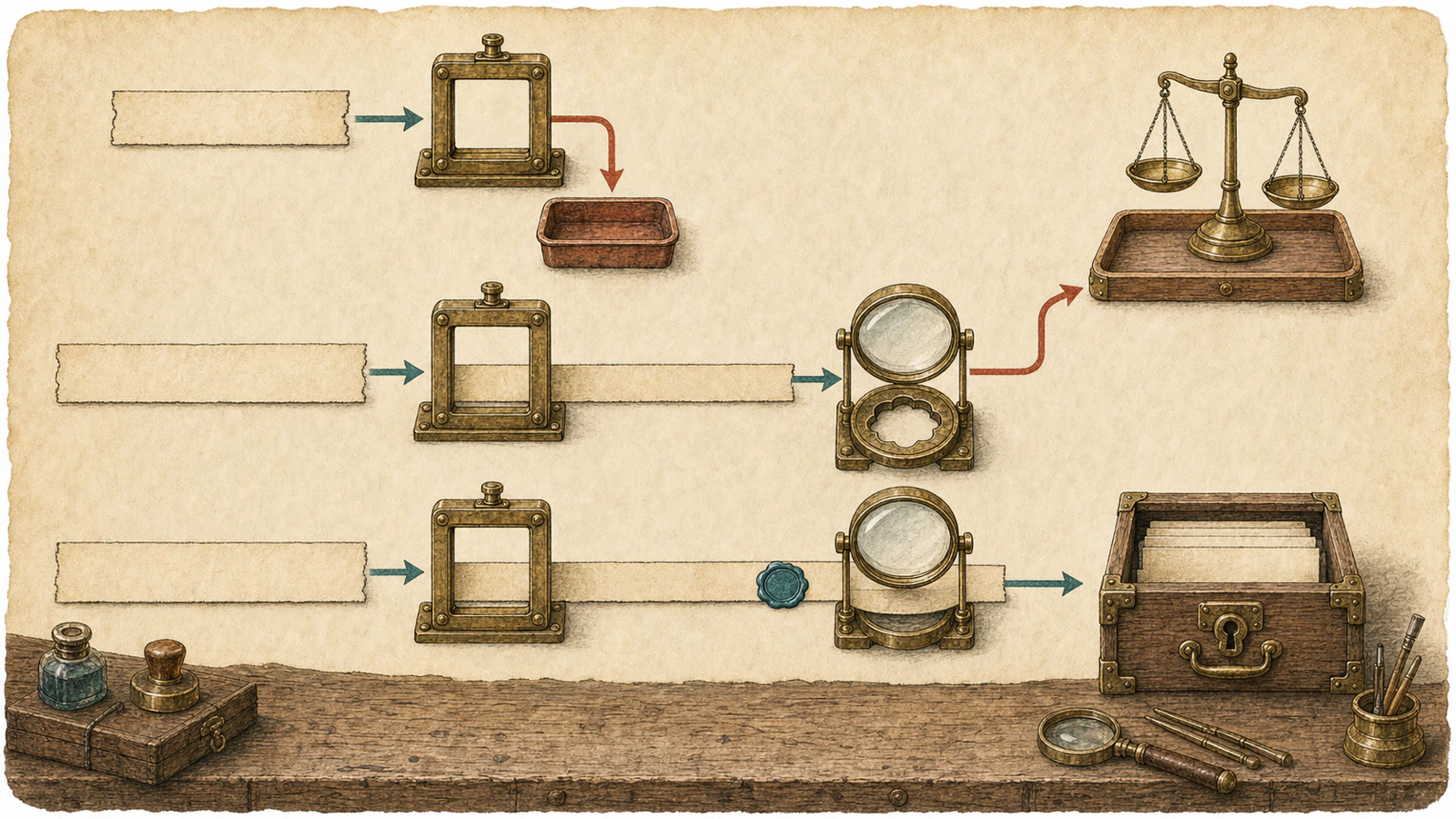 Three warm-paper classification lanes: a short strip fails the fixed-width frame and turns into a discard tray; a complete strip clears the length frame but lacks a teal seal and turns toward the external-policy balance after provenance inspection; a complete sealed strip clears both gates and enters a locked durable archive.
