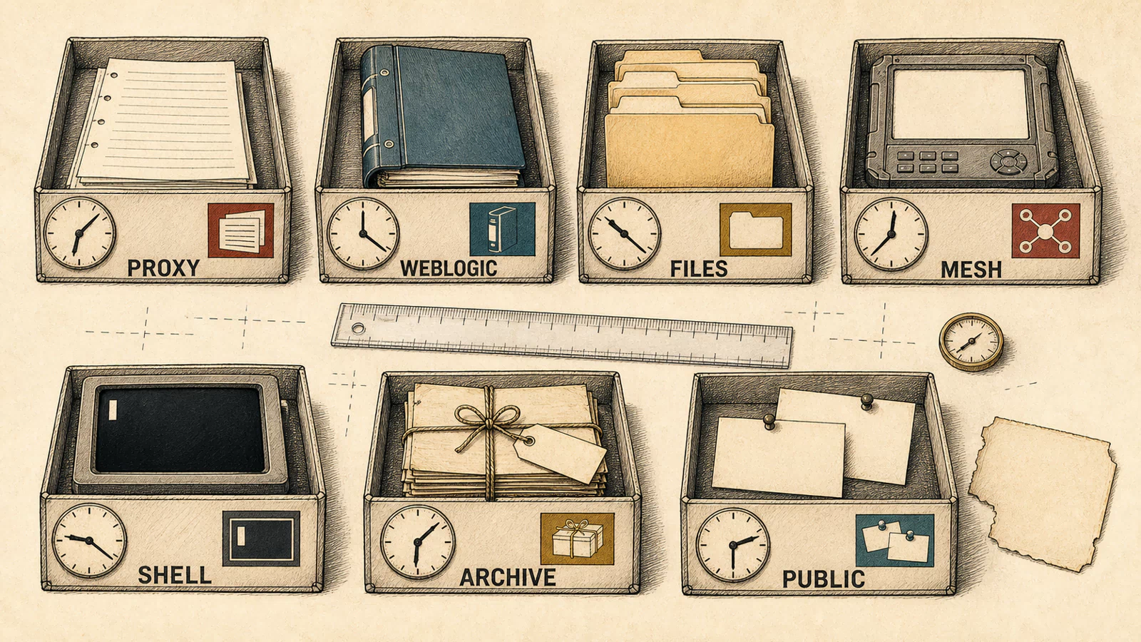 A hand-drawn evidence desk aligns proxy requests, WebLogic events, filesystem changes, MeshCentral tasks, shell sessions, archive creation, and publication on separate clocks.