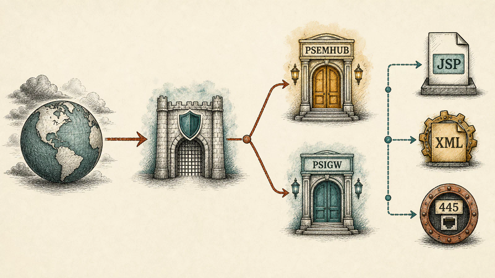A hand-drawn exposure map connects untrusted requests to PSEMHUB and PSIGW, then separates web-tier file effects, XML metadata, and outbound SMB evidence.