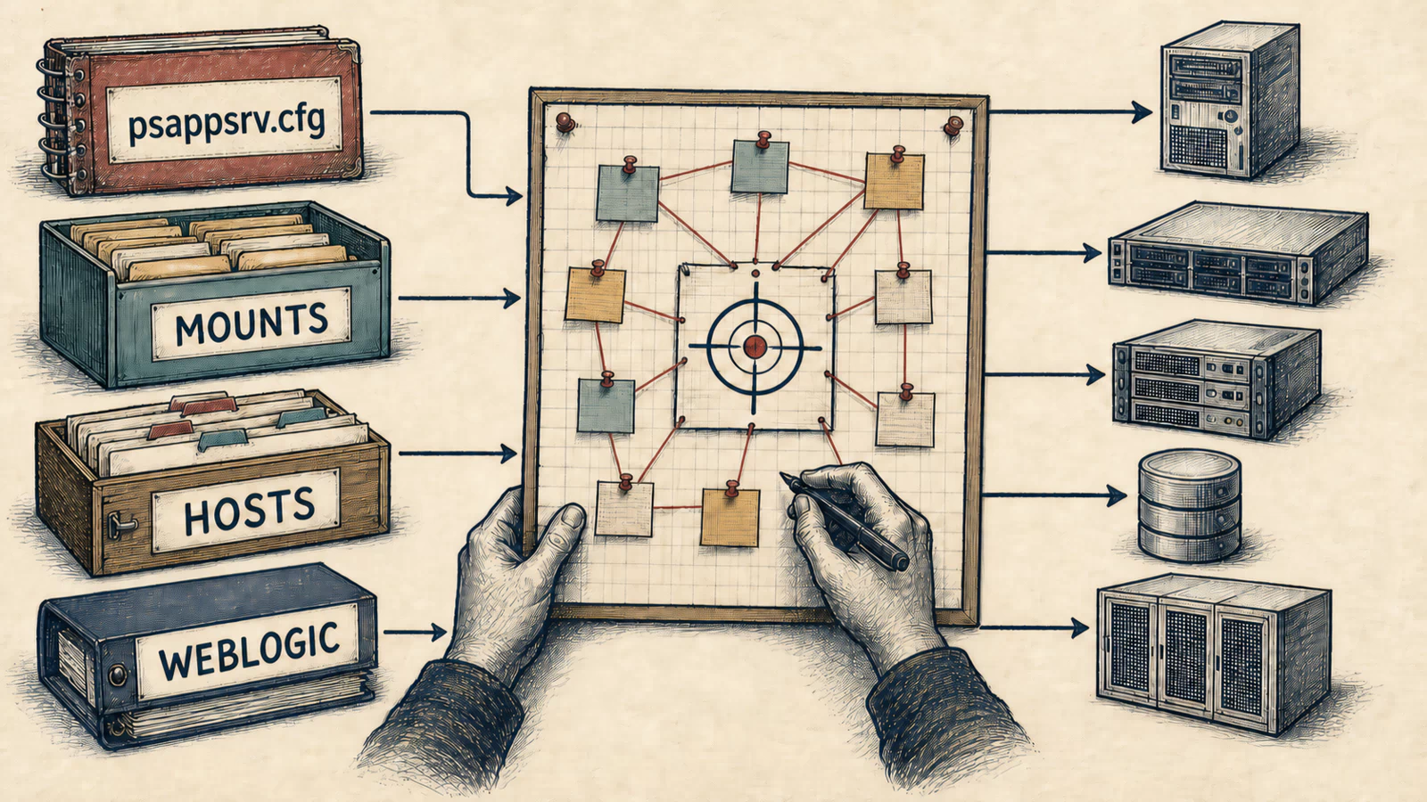 A hand-drawn investigator map links PeopleSoft process scheduler settings, mounts, hosts entries, and WebLogic configuration to discovered internal application nodes.