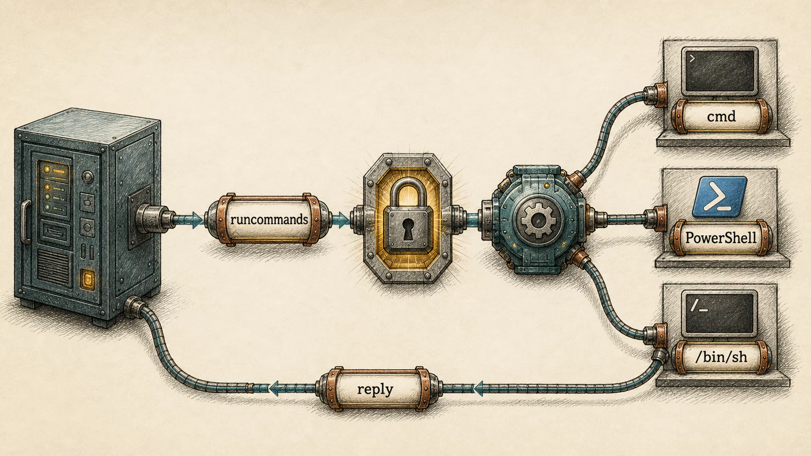 A hand-drawn MeshCentral management server authenticates an agent, routes a runcommands task, launches a platform shell, and returns output as one observable control loop.