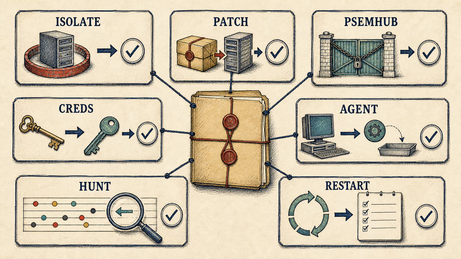 A hand-drawn response board connects endpoint isolation, official patching, PSEMHUB closure, credential renewal, agent removal, historical hunting, and verification after restart.