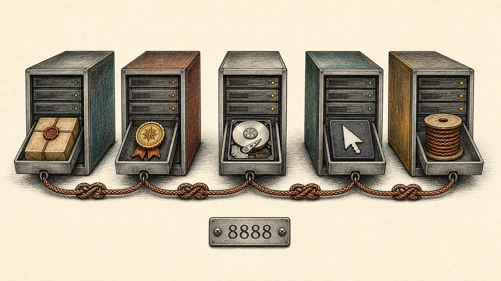 A hand-drawn sequence of five staging servers shows remote-management setup, certificate provisioning, exposed directories, and preserved command history without assigning invented dates.