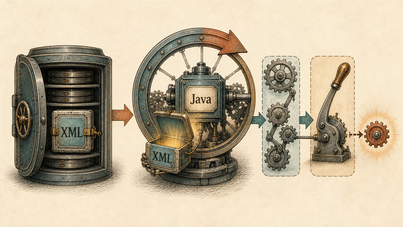 A hand-drawn environment XML file waits on disk until a trusted Java process reads it after restart, with construction and invocation stages shown as separate mechanisms.