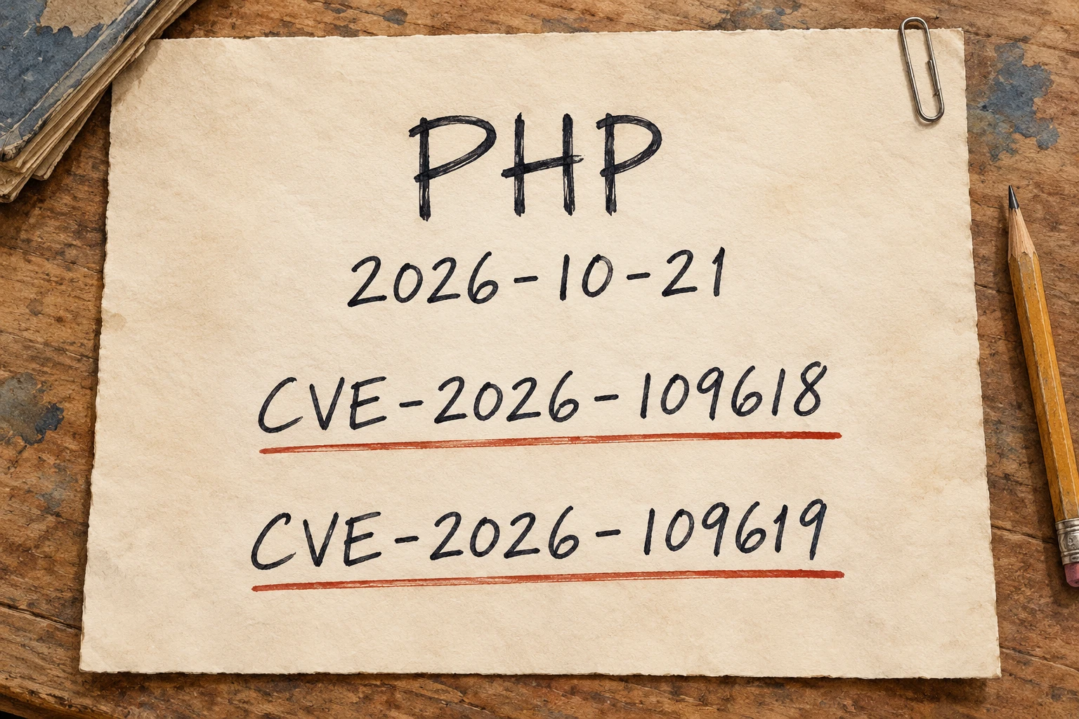 Warm paper hand-drawn cover showing PHP, 2026-10-21 and the CVE-2026-109618 and CVE-2026-109619 identifiers, with the two CVE numbers marked in red.