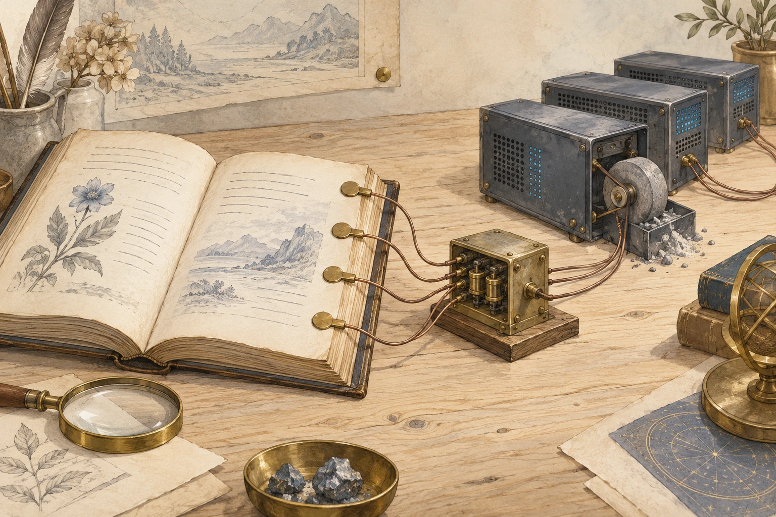 Warm-paper conceptual illustration of a marked poetry book connected to a server whose side mechanism drives a mining device.