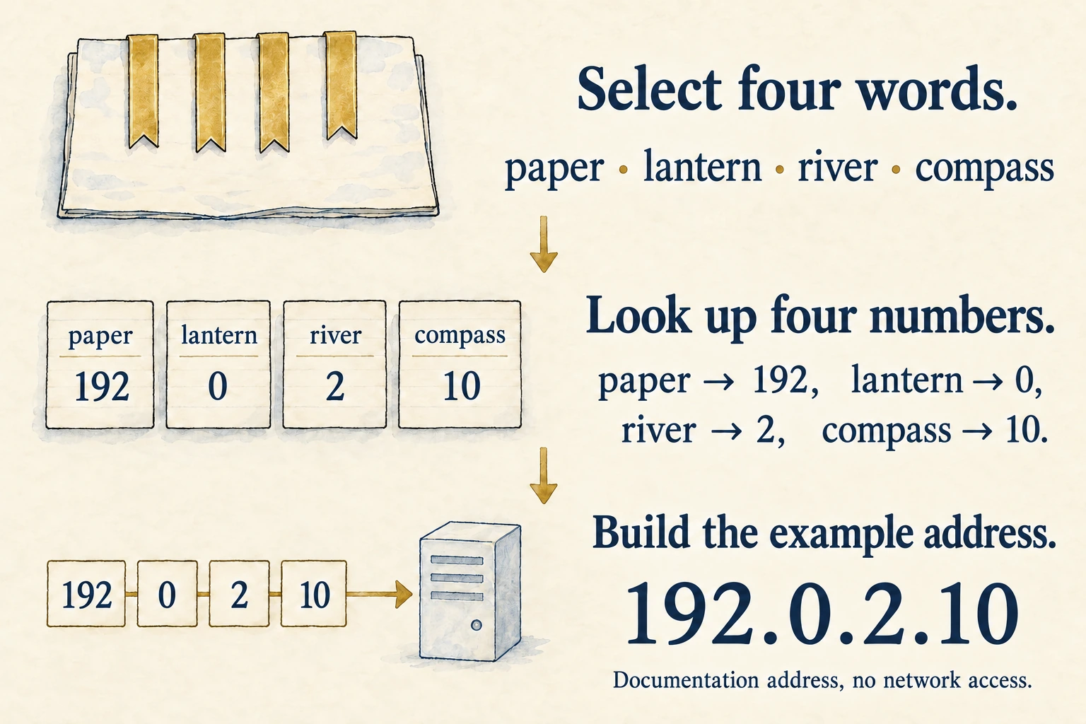 Three stages locate four words, map them to four numbers and assemble the documentation example address 192.0.2.10.