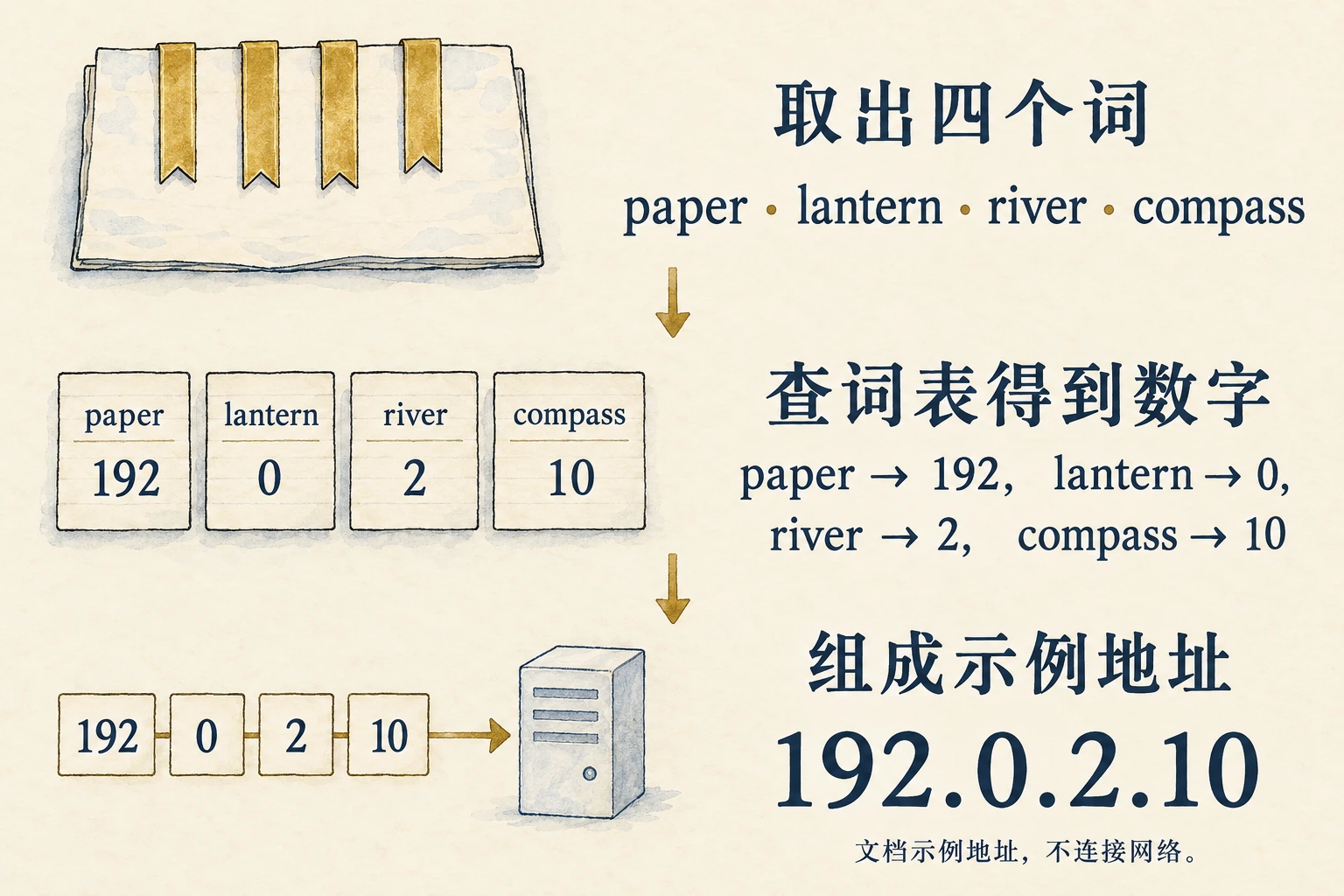 三个步骤，定位四个词，按词表得到四个数字，再组成文档示例地址 192.0.2.10。