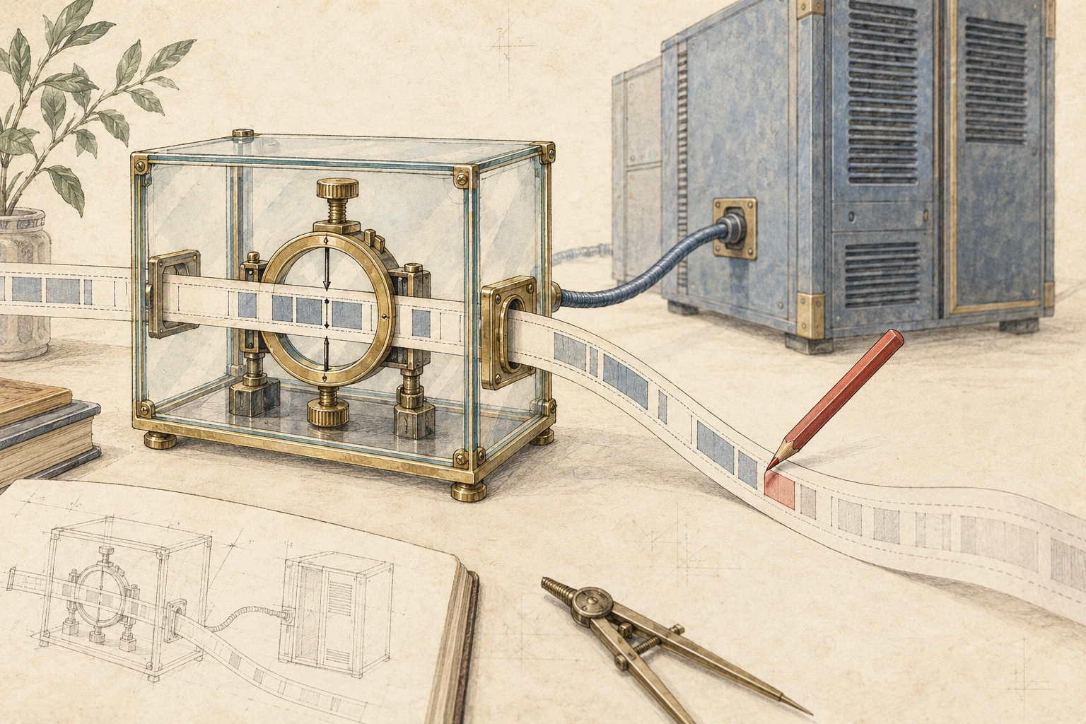 Warm-paper conceptual drawing of a continuous paper strip passing through a brass gauge inside a glass enclosure, then being changed by a red pencil, with a host machine alongside it.
