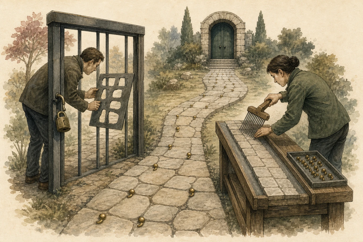 A hand-drawn investigation shows one stone path decorated with semicolon-shaped markers, an open security gate testing the wrong silhouette, and a routing bench cleaning the same path before it reaches a protected archive.
