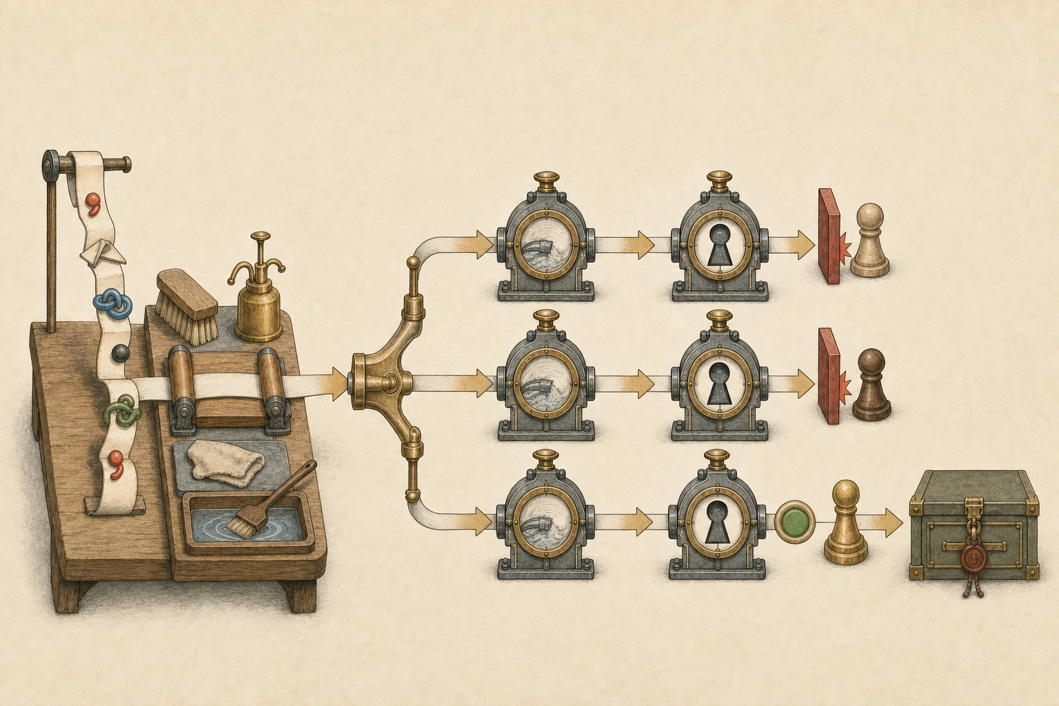 A hand-drawn normalization workshop cleans abstract path decorations into one ribbon; two upper negative-control tracks stop anonymous and wrong-role tokens, while a separately staged lower positive-control track lets the correct-role token reach a sealed archive.