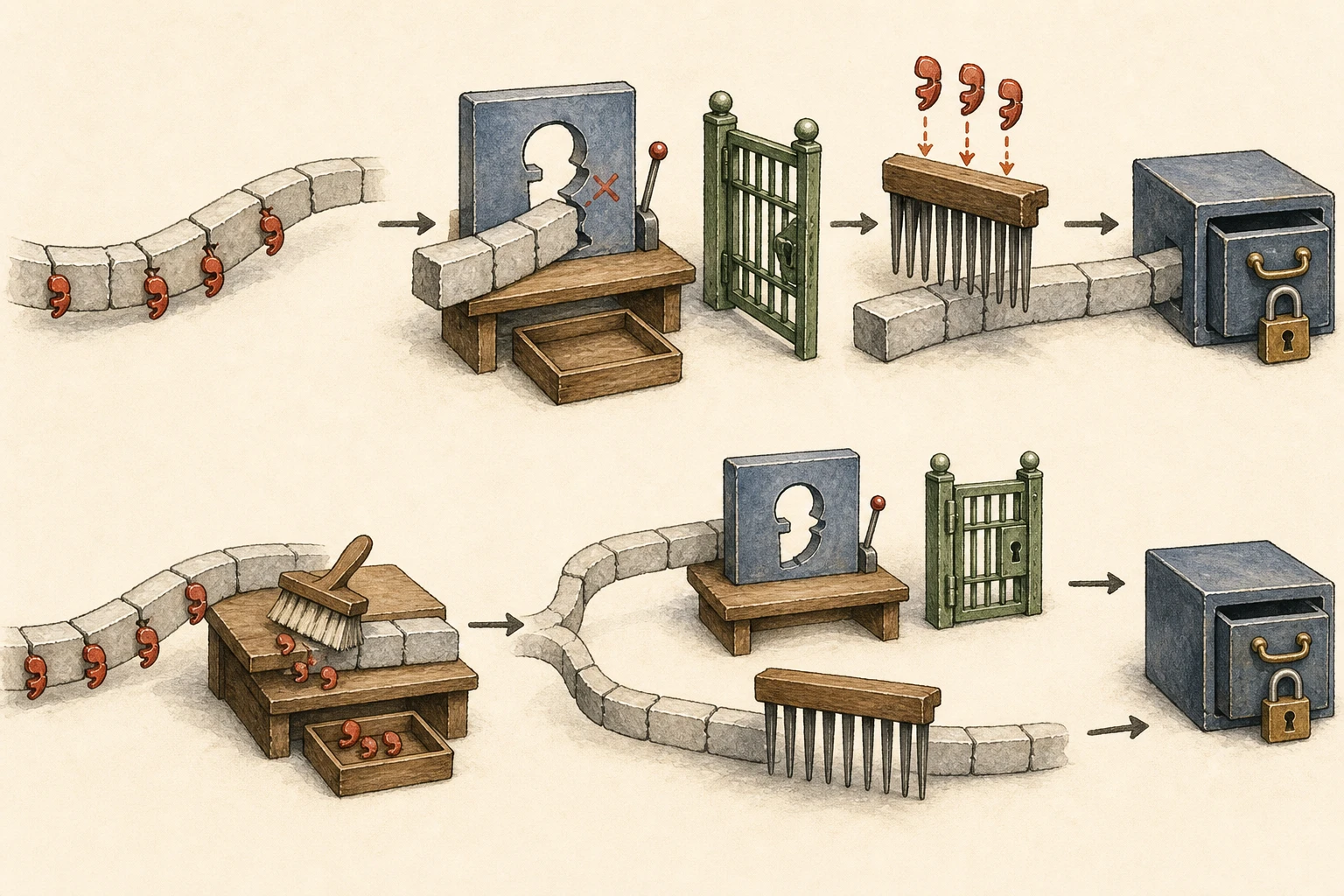 Two hand-drawn process lanes show the vulnerable order, where a semicolon-decorated path misses the security stencil and is permitted before REST routing removes the decorations, and the repaired order, where one clean base path feeds both decisions.