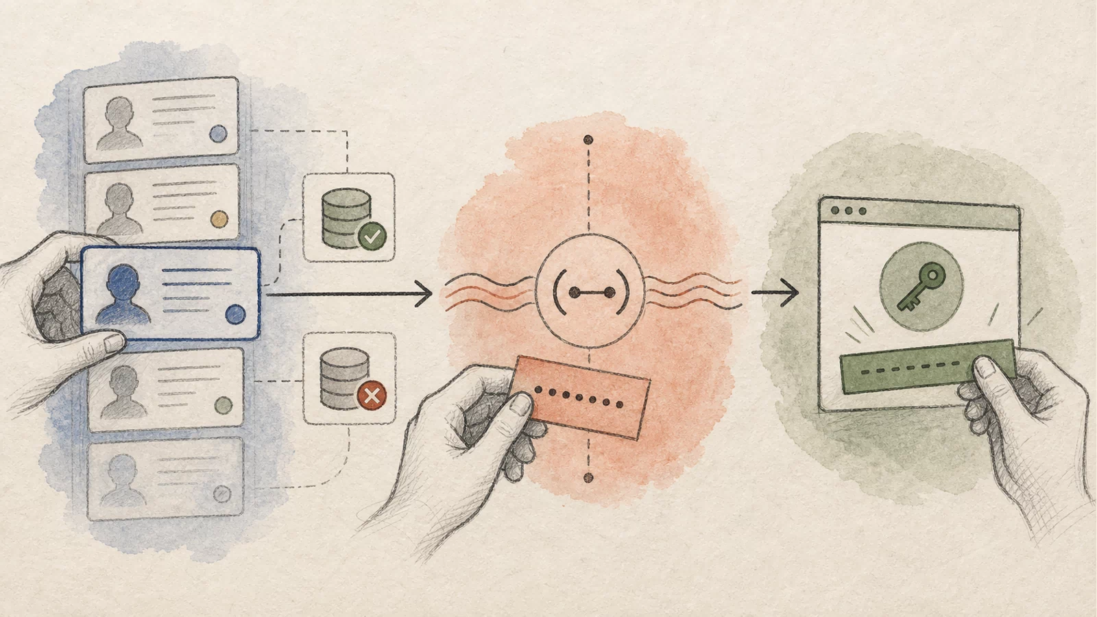 A hand-drawn choreography connects the premature decision to token creation, hash storage, DDP identity binding, login events, and later channel activity.
