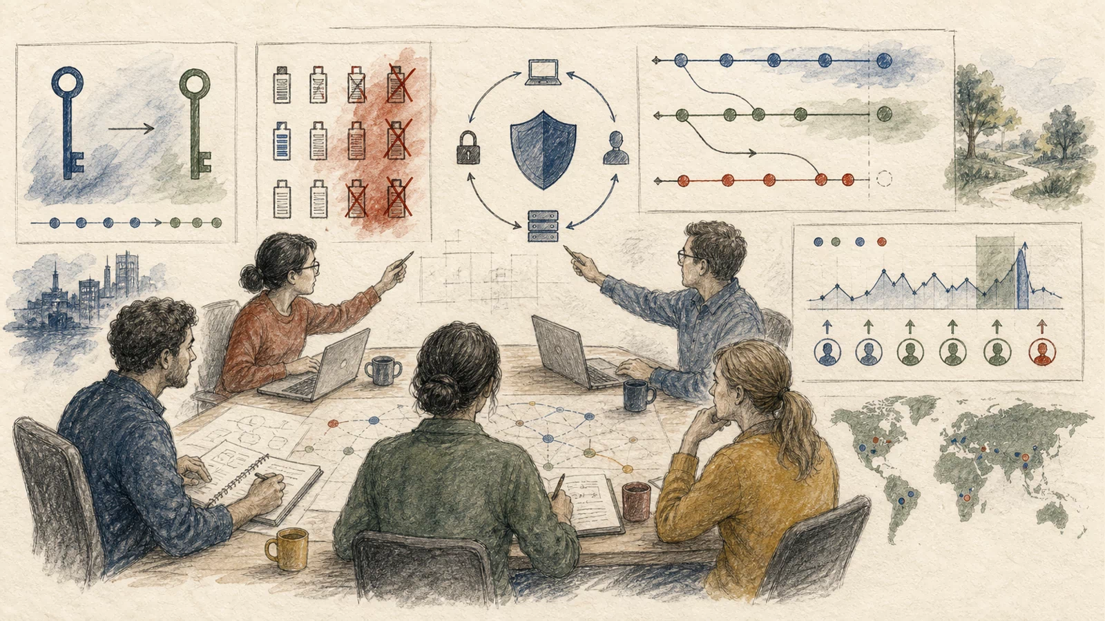 A hand-drawn response bench orders evidence preservation, fixed-replica rollout, session revocation, credential recovery, activity review, and asynchronous regression tests.